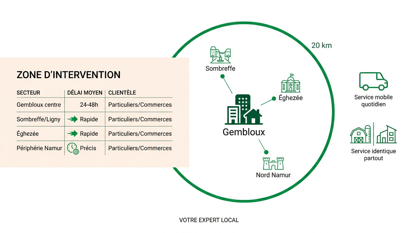 Carte de la zone d'intervention de l'entreprise de peinture autour de Gembloux et Namur