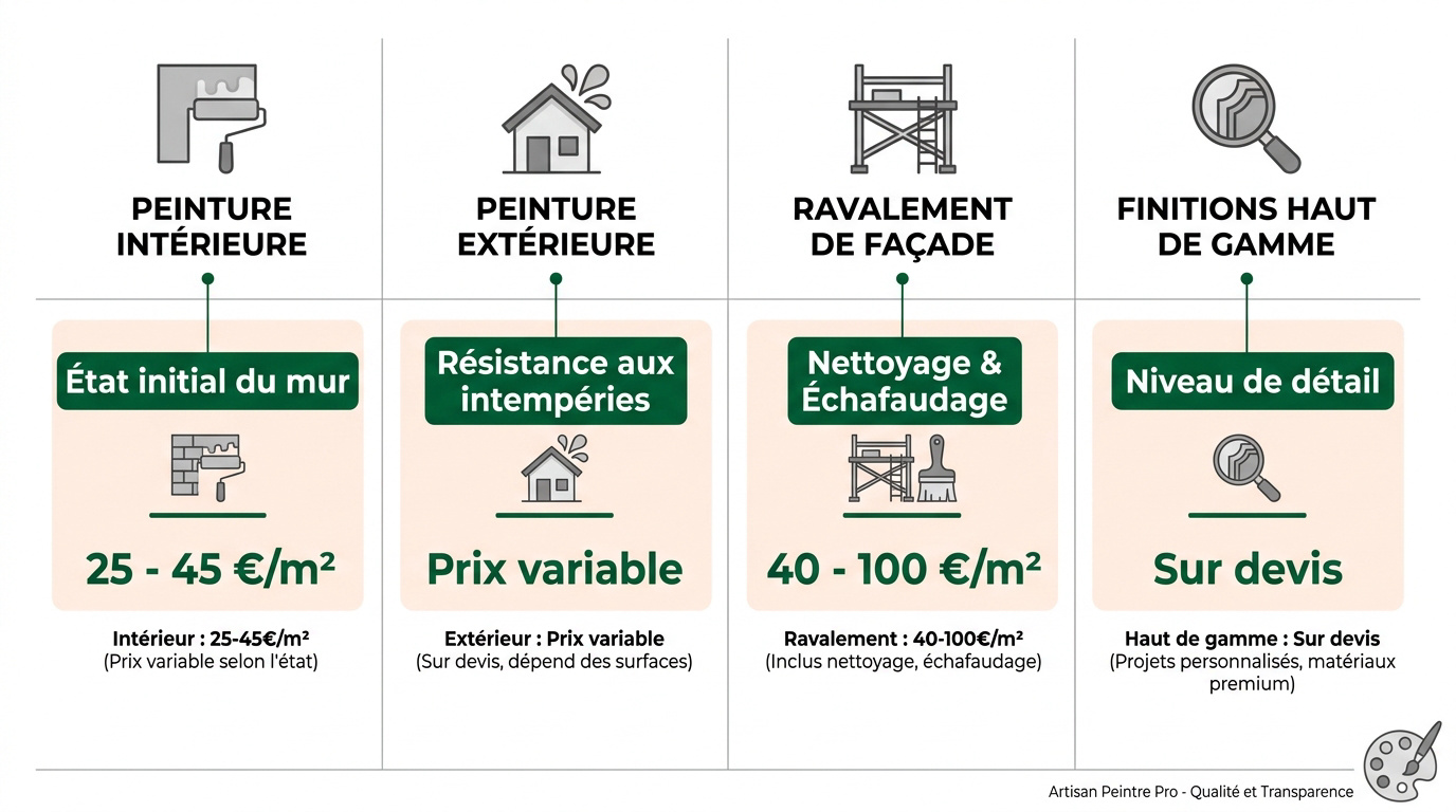 Tableau comparatif des tarifs pour travaux de peinture intérieure, extérieure et ravalement de façade