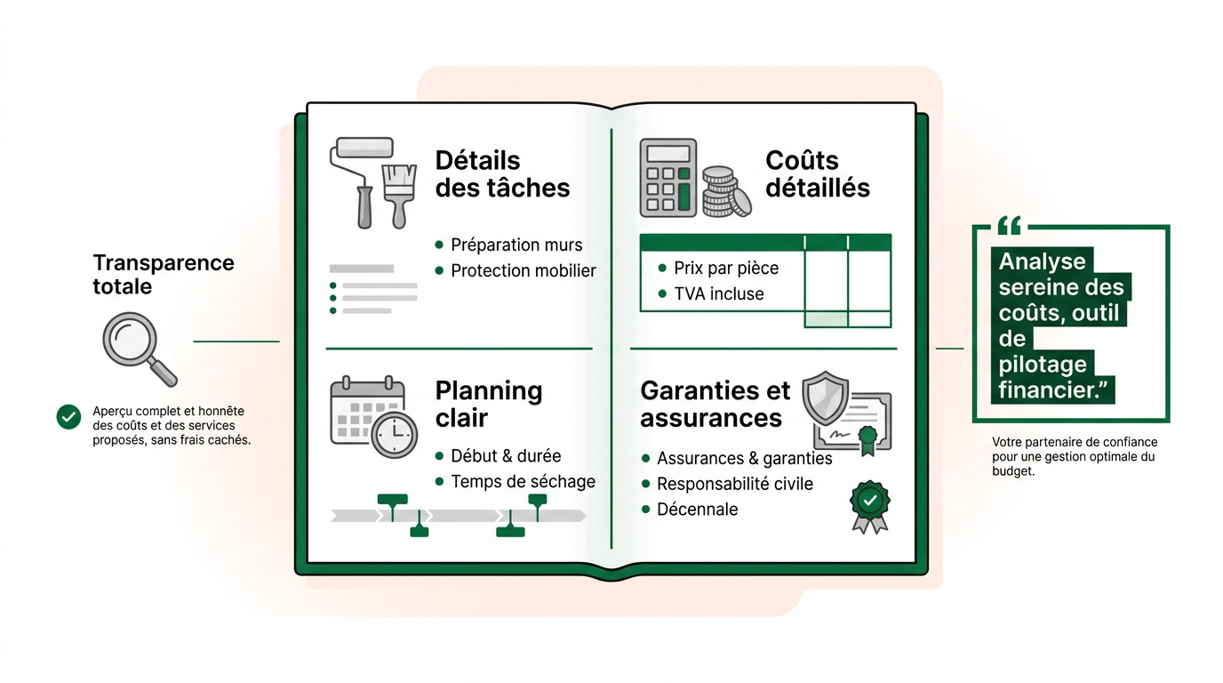 Infographie détaillant les quatre piliers essentiels d'un devis de peinture professionnel