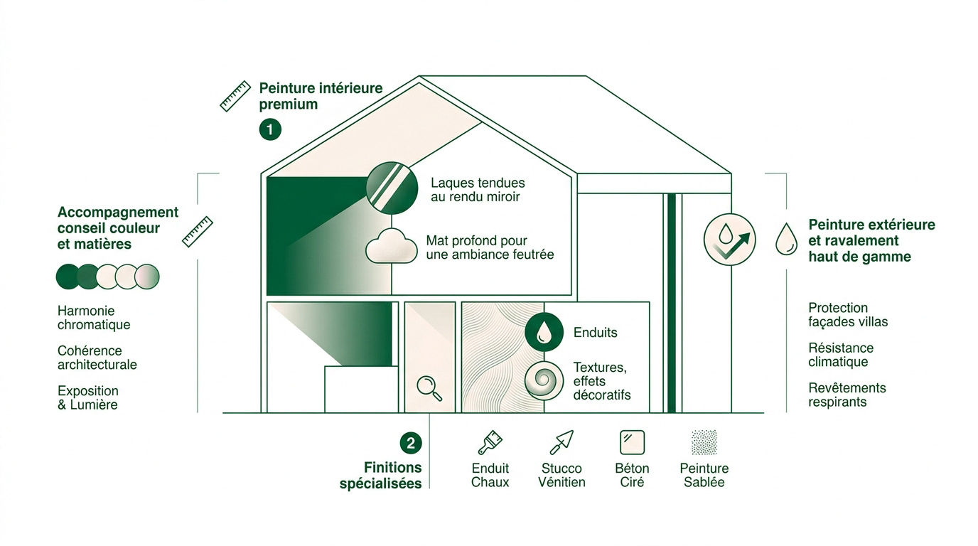 Infographie présentant les finitions de peinture haut de gamme et textures décoratives