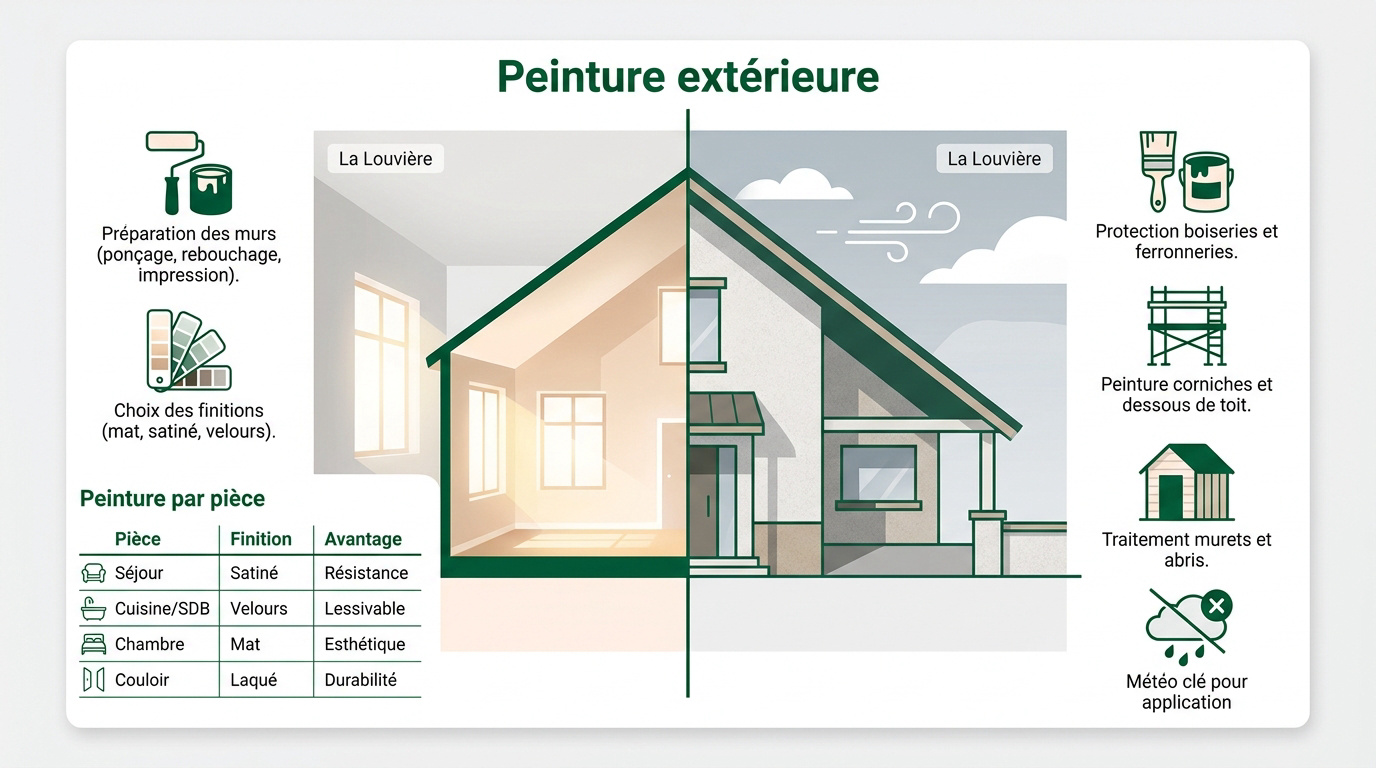 Infographie présentant les services de peinture intérieure et extérieure à La Louvière