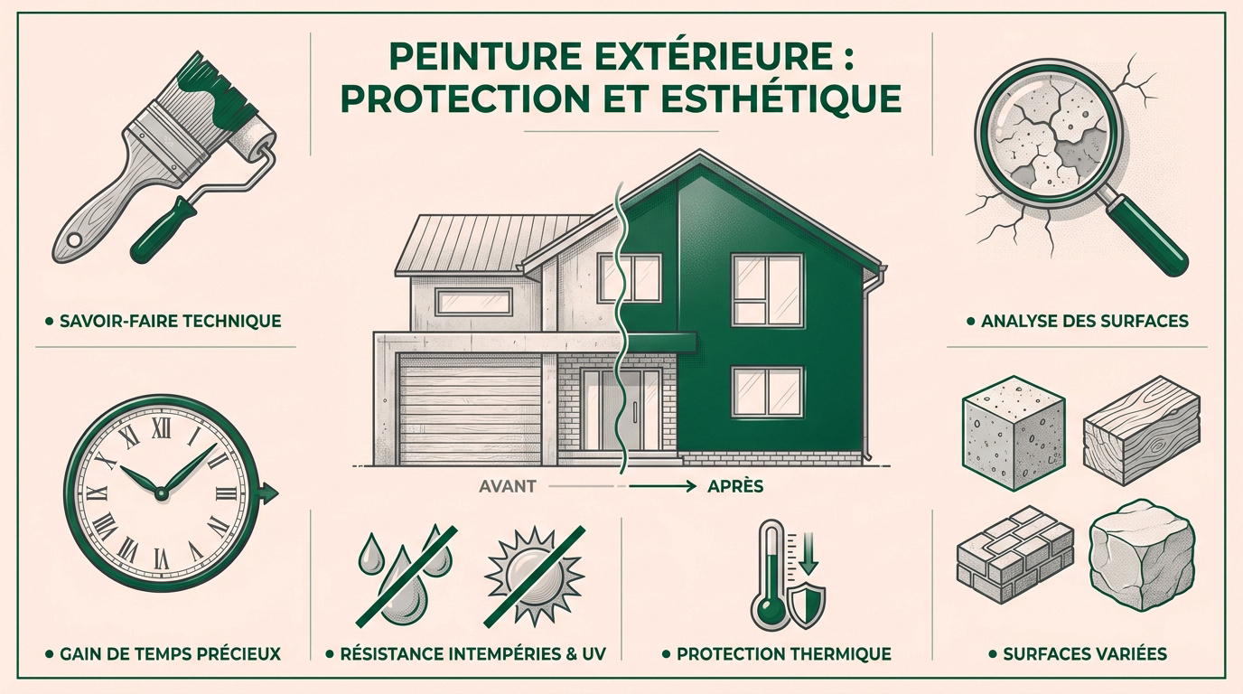 Travaux de peinture extérieure sur une façade résidentielle pour protection et esthétique