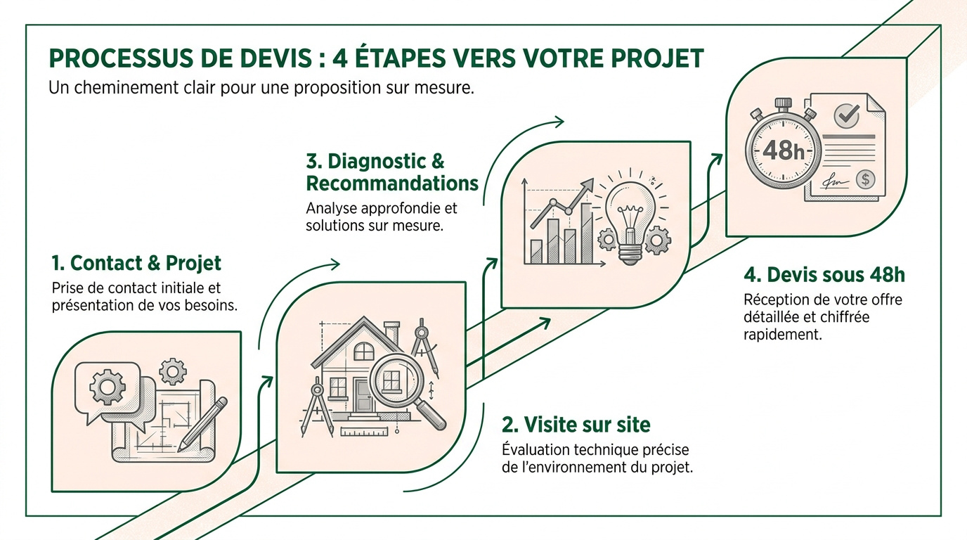 Infographie montrant les quatre étapes clés pour obtenir un devis entreprise de peinture professionnel