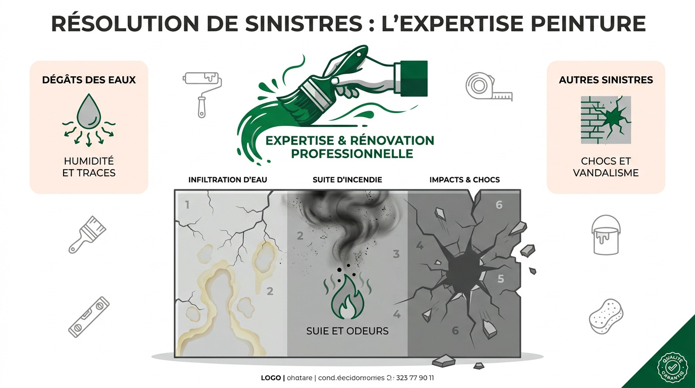 Artisan peintre professionnel intervenant sur un mur endommagé après un sinistre